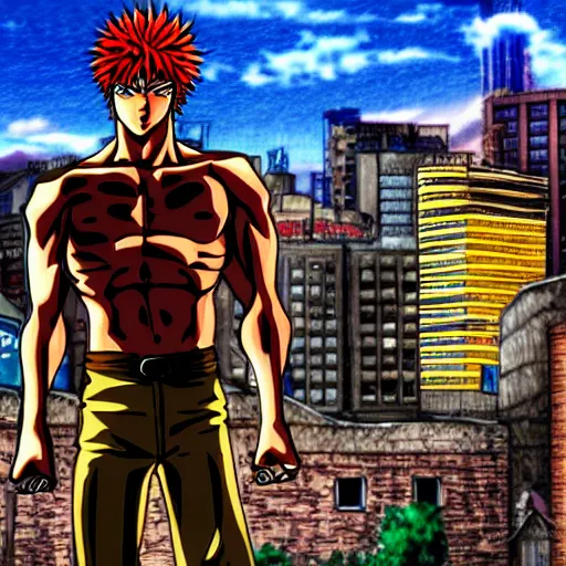 Prompt: fist of the north star, man, standing, anime style, hdr, buildings