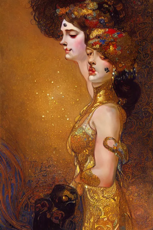 Image similar to an intricate painting of a beautiful young lady with an artistic sensual pose with klimt golden motives and textures, hyper detailed, ornamental gold headpiece, octane render, vivid colors, artstation, by jeremy mann, by alphonse mucha, by boris vallejo