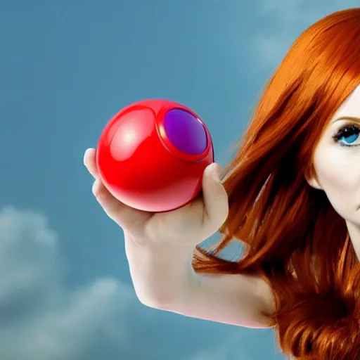 Image similar to Karen Gillan as Misty from Pokémon, Indigo League, outstretched arm holding a Poké Ball, close-up shot, photo realism, cinematic, realistic, 8K