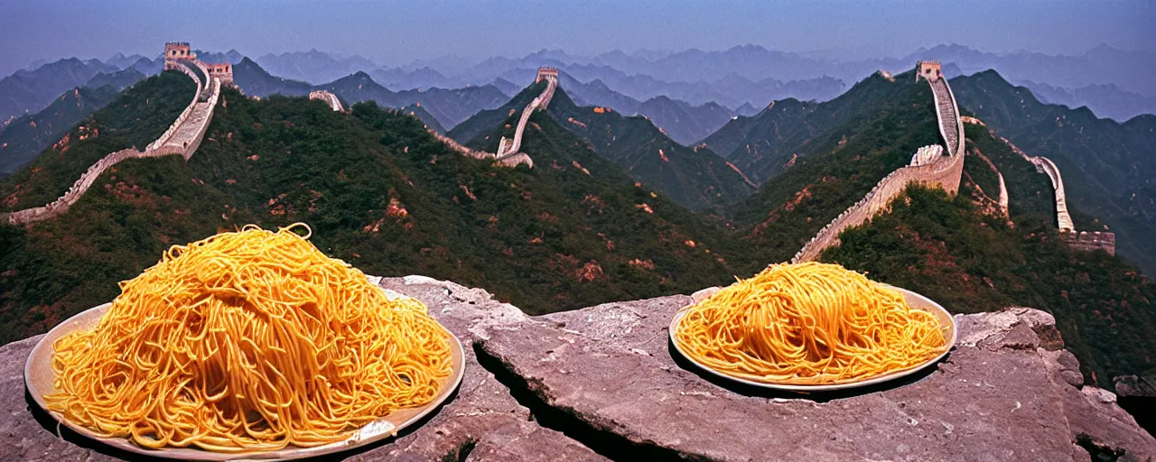 Prompt: pile of spaghetti at the great wall of china, fine detail, canon 5 0 mm, in the style of galen rowell, kodachrome,