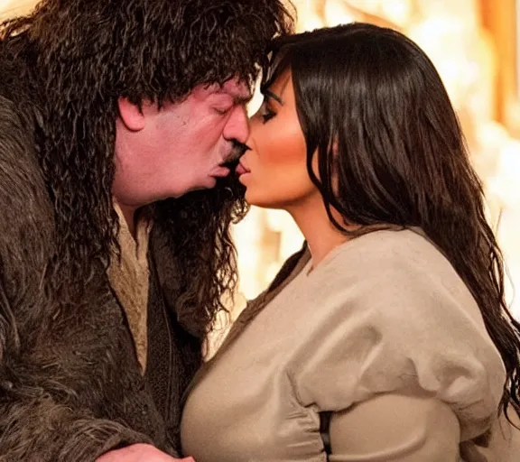 Image similar to a movie still of kim kardashian kissing hagrid in the movie harry potter