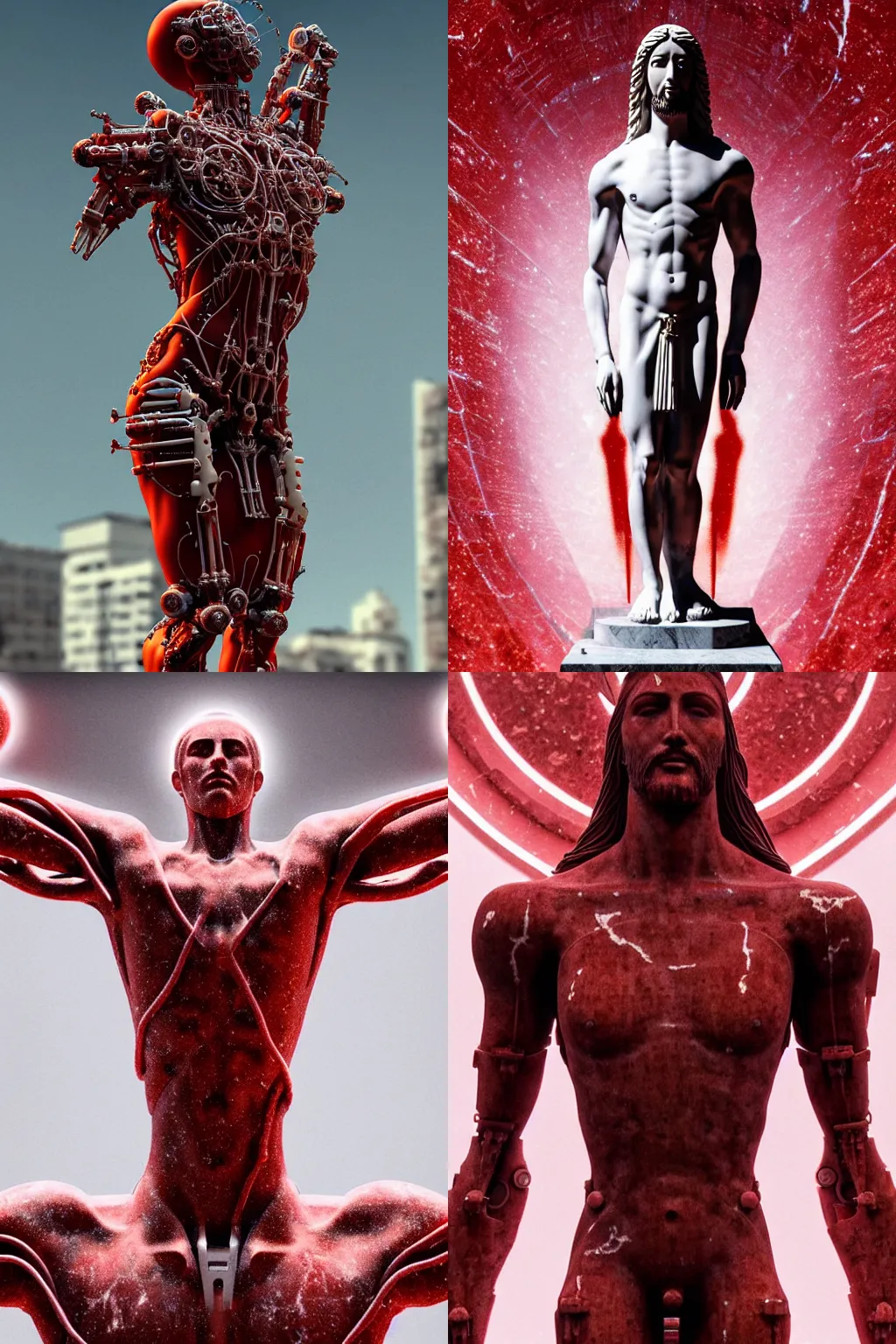 Prompt: a statue jesus on cross made of red marble, perfect symmetrical body, full body shot, white biomechanical, wearing epic bionic cyborg implants, masterpiece, intricate, biopunk, vogue, highly detailed, artstation, concept art, background galaxy, cyberpunk, octane render