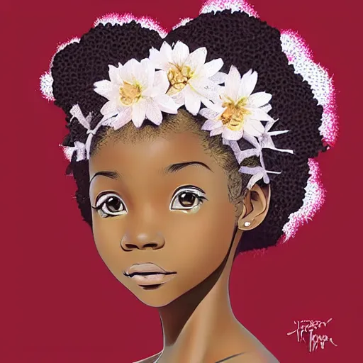 Prompt: little african girl with flowers in hair wearing an white dress. art by ilya kuvshinov, profile picture, inspired in hirohiko araki, realistic, highly detailed, 8 0 s anime art style, vogue cover