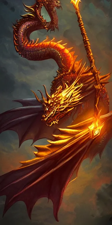 Image similar to draconic staff, dragon staff, dragon head on top of the staff, glowing draconic staff, epic fantasy style art, fantasy epic digital art, epic fantasy weapon art, hearthstone style art