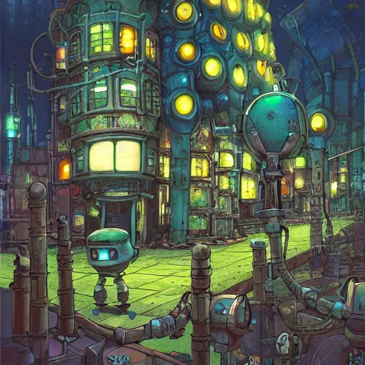 Image similar to fantasycore street view of futuristic machinarium tokyo at night by michael whelan and naomi okubo and dan mumford. cute ver.ka mecha machinarium robots. cel-shaded. glossy painting.