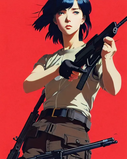 Image similar to girl holding a rifle | | very very anime!!!, fine - face, audrey plaza, realistic shaded perfect face, fine details. anime. realistic shaded lighting poster by ilya kuvshinov katsuhiro otomo ghost - in - the - shell, magali villeneuve, artgerm, jeremy lipkin and michael garmash and rob rey