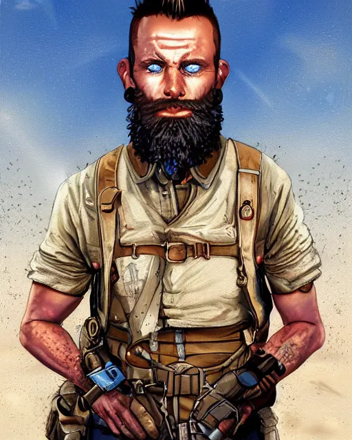 Image similar to portrait of muscular, tired and alcoholic 3 0 - year - old handsome man with short darkblonde hair, serious sad look in his eyes, dirty beard, blue eyes, crying, wearing dirty soldier uniform, on the desert, hyper realistic face, beautiful eyes, character art, art by mark brooks, hyperdetailed, cryengine, trending on artstation, digital art