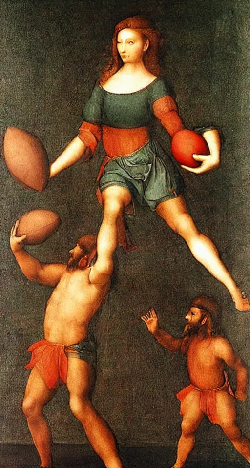 Prompt: Olivia Newton-John playing football by Leonardo da Vinci