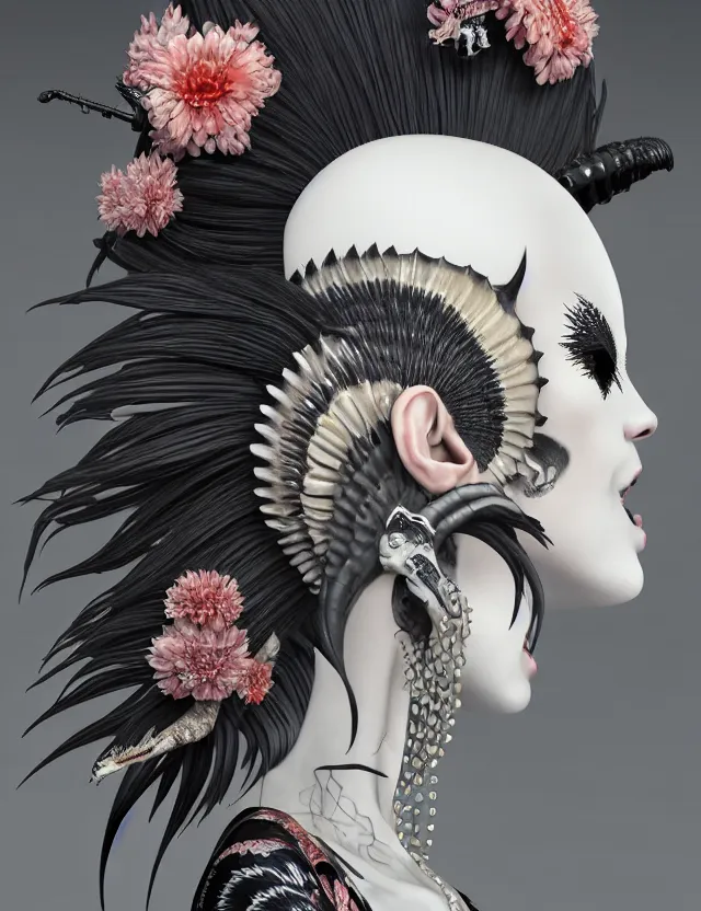 Image similar to 3 d goddess close - up profile simple portrait punk with mohawk with goat skull. beautiful intricately detailed japanese crow kitsune mask and clasical japanese kimono. betta fish, jellyfish phoenix, bio luminescent, plasma, ice, water, wind, creature, artwork by tooth wu and wlop and beeple and greg rutkowski