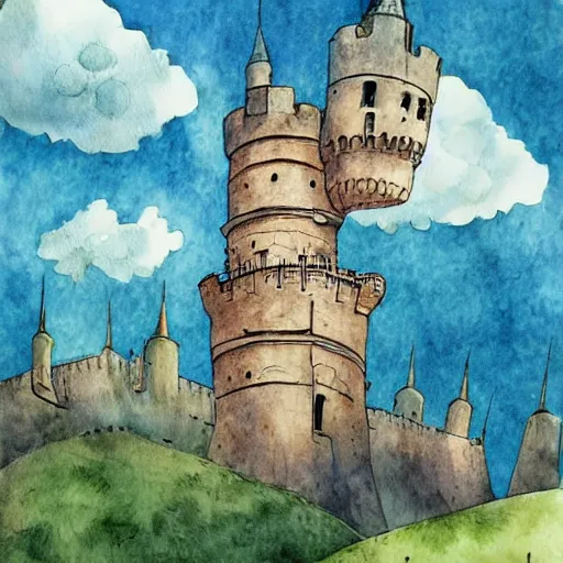 Prompt: laputa castle in the sky flying high in the sky, watercolor illustration for a book