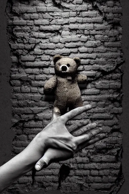 Prompt: giant crack hole on the brick concrete wall, hand coming from inside the crack reaching towards camera hand is holding a dirty ealistic teddybear. gloomy, intricate, elegant, highly detailed, digital painting, artstation, concept art, addiction, chains, smooth, sharp focus, illustration, art by ilja repin