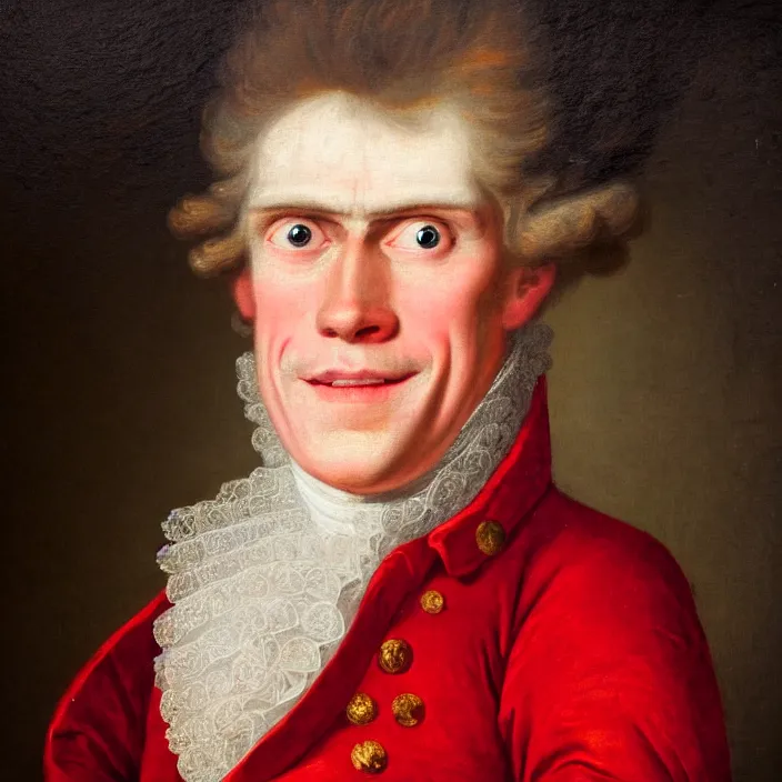 Image similar to an 18th Century royal portrait of a smiling Willem Dafoe with blood red eyes, portrait, 8k