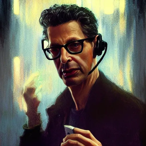 Prompt: hyperrealistic portrait of a man as jeff goldblum making a telephone noir call by jeremy mann and alphonse mucha, fantasy art, photo realistic, dynamic lighting, artstation, poster, volumetric lighting, very detailed faces, 4 k, award winning