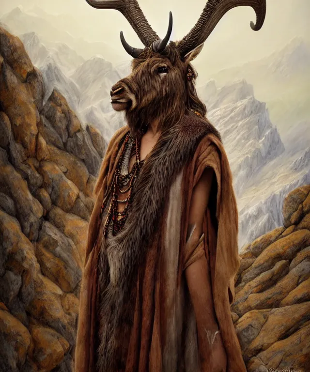 Prompt: a detailed horned antelopewoman stands among the mountains. wearing a ripped mantle, robe. perfect faces, extremely high details, realistic, fantasy art, solo, masterpiece, art by daniel e. greene, johannen voss, zoey frank, greg broadmore