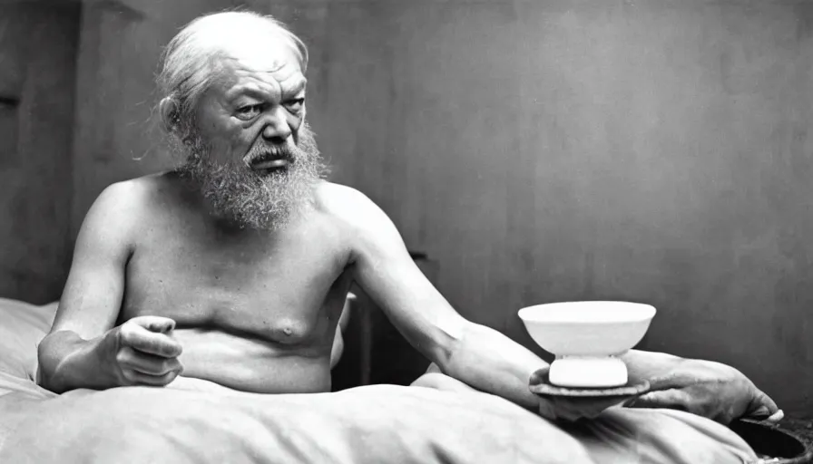 Image similar to 1 9 6 0 s movie still by tarkovsky of an elder socrates drinking a hemlock bowl on a bed in a room with collumns, cinestill 8 0 0 t 3 5 mm b & w, high quality, heavy grain, high detail, panoramic, ultra wide lens, cinematic composition, dramatic light, anamorphic, raphael style, piranesi style