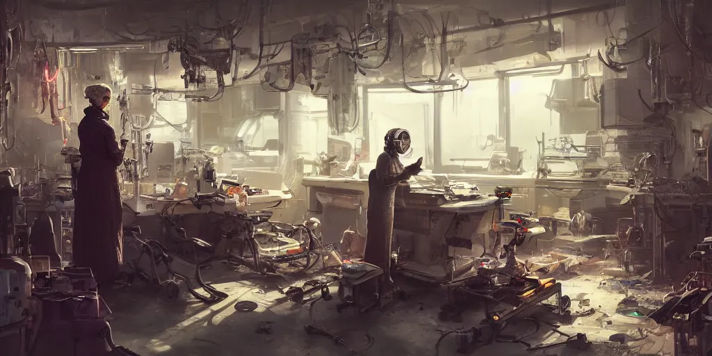 Image similar to an environmental concept art of an elderly woman cyberneticist in a cluttered workshop, surgical implements, surgery theatre, robotic arm, blood spatter, highly detailed, cinematic, dramatic, cyberpunk, dieselpunk, scifi space station, horror, bladerunner 2 0 4 9