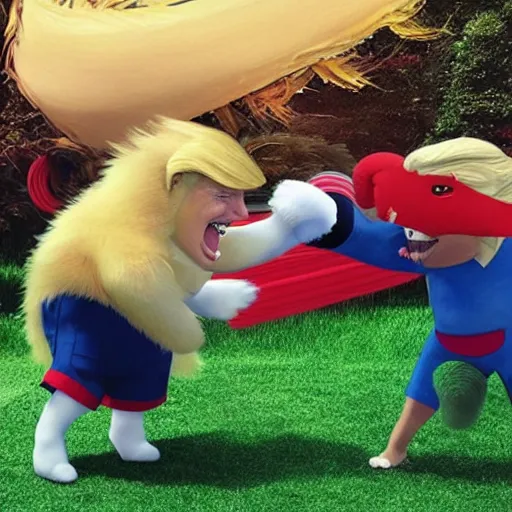 Prompt: donald trump fighting a furry using pool noodles, photo realistic