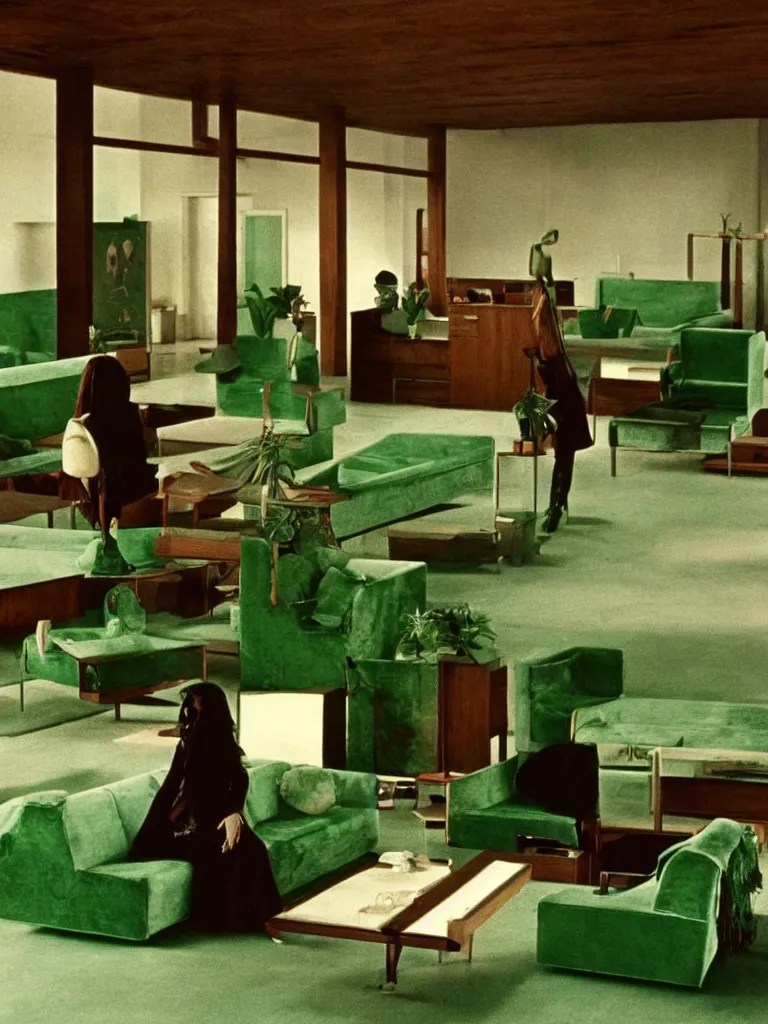 Image similar to a still of severance series indoor 7 0 s green velvet and wood with metal furniture office scenario appearing in a film of jodorowsky, in movie holy mountain ( 1 9 7 3 )