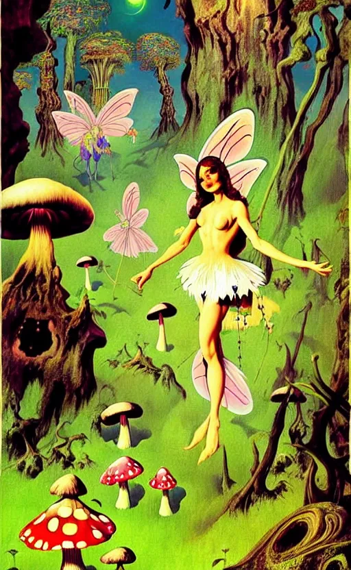 Image similar to psychedelic fairies in an enchanted forest with mushrooms on the ground wide angle shot, white background, vector art, illustration by frank frazetta and salvador dali