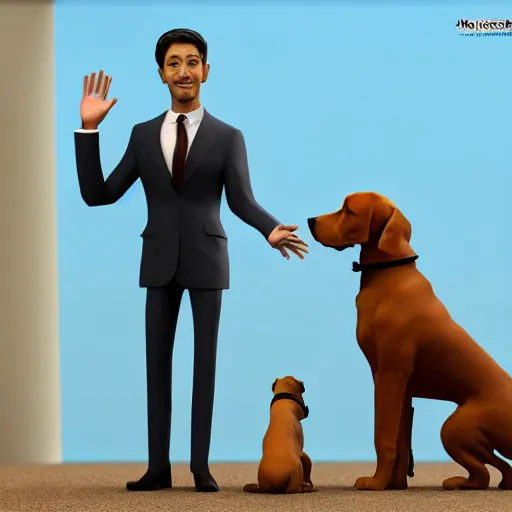 Image similar to Dog in a suit waving goodbye to his doggie coworkers, animal workers, 8k, highly detailed, realistic, unreal, trending artstation,