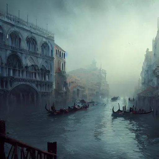 Prompt: venice in a post apocalyptic earth as seen by greg rutkowski, dark theme, enchanted, warm colors, high quality, waw, trending on artstation