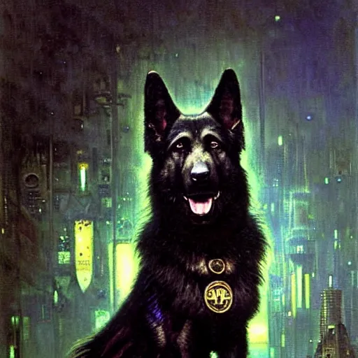 Image similar to portrait black german shepard dogman humanoid!!! bipedal!!! canine neuromancer. spaceship futuristic city. shadowrun cyberpunk fantasy d & d painting by gaston bussiere craig mullins jc leyendecker gustav klimt artgerm greg rutkowski john berkey, bergey, craig mullins, ruan jia, raymond swanland, tom lovell