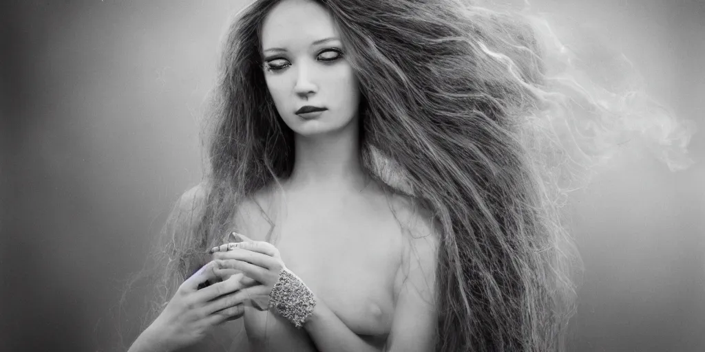Prompt: analog photograph portrait of a marble woman, long flowing hair, nightgown, heavy film grain, smoke, sparkles, 8k, sheen, gloss, greyscale, white background, high contrast