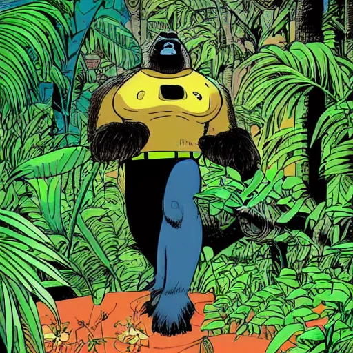 Prompt: Gorilla wearing t-shirt and shorts, background jungle, full body, graphic novel, by Ralph Bakshi, Dave Sim, Frank Quitely, Moebius, Jeff Smith,