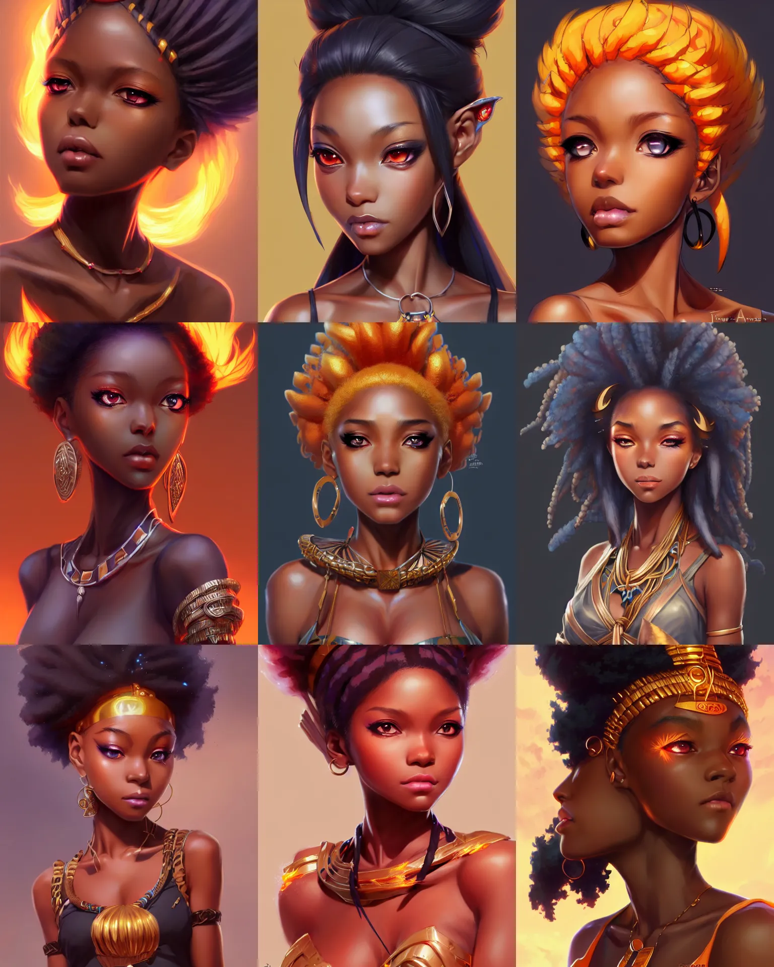 Prompt: Character concept art of an anime african-american fire goddess || cute-fine-face, pretty face, realistic shaded Perfect face, fine details by Stanley Artgerm Lau, WLOP, Rossdraws, James Jean, Andrei Riabovitchev, Marc Simonetti, and Sakimichan, tranding on artstation