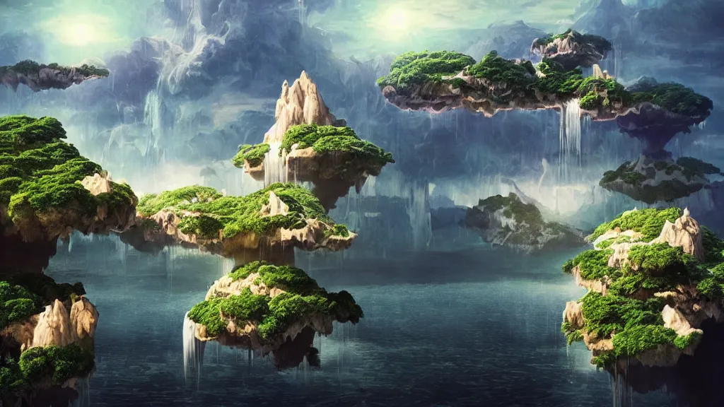 Image similar to floating islands with waterfalls connecting each other whimsical surrealism, based on child's drawing, lsd trip, dream recording, deep - space imaging fantastical setting isometric view octane render, art by salvador dali, greg rutkowski studio ghibli