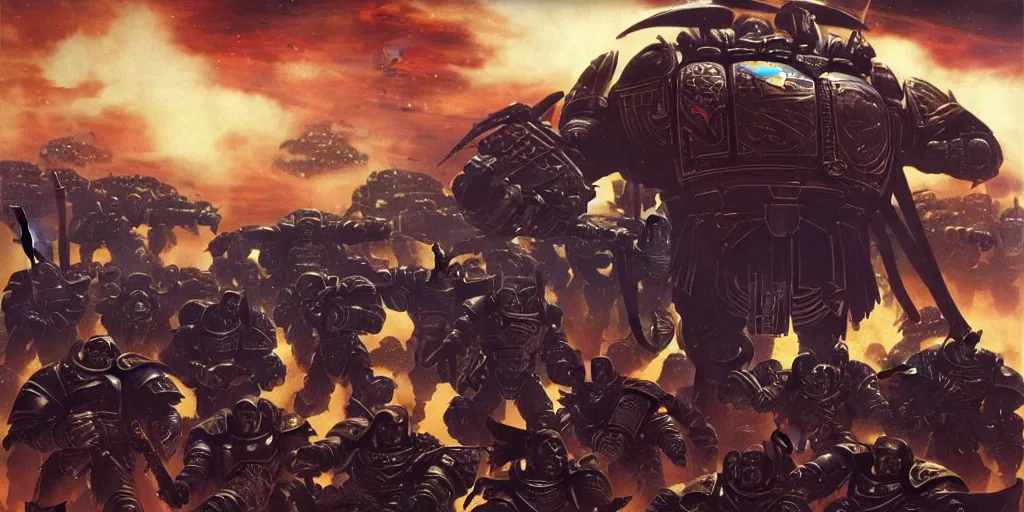 Image similar to Astartes are fighting against space orcs, huge armies, epic battle, a bunch of explosions, bullet tracers, Astartes are very well detailed, orcs are very well detailed, Photo style retro futurism art