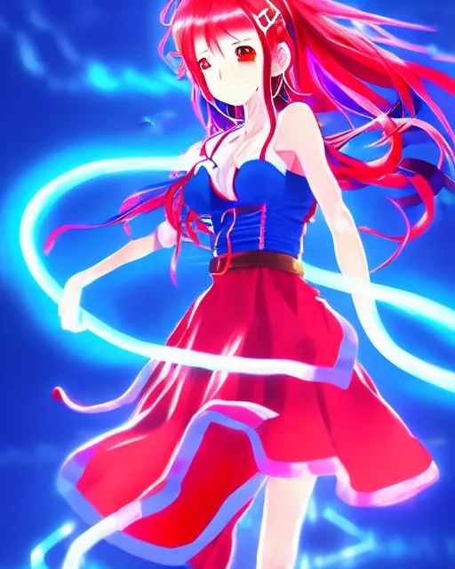 Image similar to anime style, vivid, expressive, full body, 4 k, painting, a cute magical girl idol with a long wavy hair wearing a dress fighting monsters, blue and red, balance, correct proportions, stunning, realistic light and shadow effects, neon lights, studio ghibly makoto shinkai yuji yamaguchi