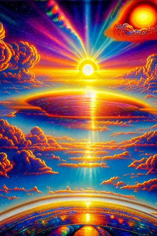 Prompt: a photorealistic detailed cinematic image of a beautiful vibrant iridescent future for human evolution, spiritual sunrise, science, divinity, prismatic light reflections, metallic, utopian, cumulus clouds, ornate architecture, isometric, by david a. hardy, kinkade, lisa frank, wpa, public works mural, socialist