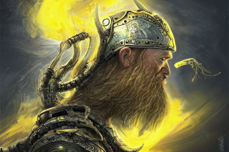 Prompt: mythological high-tech viking odin all father Shaman of artificial intelligence creating an artificial neural network, deep learning creation, with yellow synapses on an anvil, high resolution, award winning art, trending on art station, sharp image, incredibly detailed, detailed character realistic painting