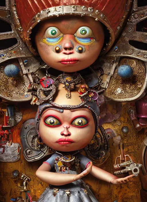 Image similar to highly detailed closeup, portrait of a tin toy voodoo priestess, unreal engine, nicoletta ceccoli, mark ryden, earl norem, lostfish, global illumination, detailed and intricate environment