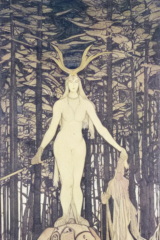 Image similar to lost queen of the forest with her scepter, by Nicholas Roerich and jean delville and Maxfield Parrish, dramatic cinematic lighting , ornate headdress , lost civilizations, extremely detailed