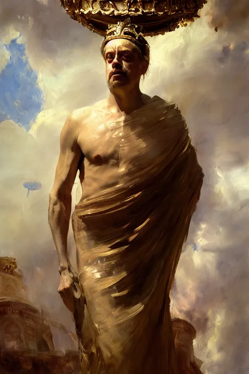 Image similar to beautiful detailed expressive impressionistic oil painting portrait of ancient roman god emperor steve buscemi ascending on high wearing the civic crown, renaissance painting, dark background, art by anders zorn, wonderful masterpiece by greg rutkowski, expressive brush strokes, beautiful cinematic light, american romanticism by greg manchess, jessica rossier