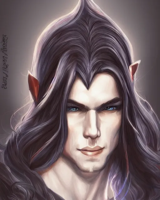 Image similar to multicolor drawing of elven boy mage with long black hair by artgerm city fantasy 4 k ultra high resolution