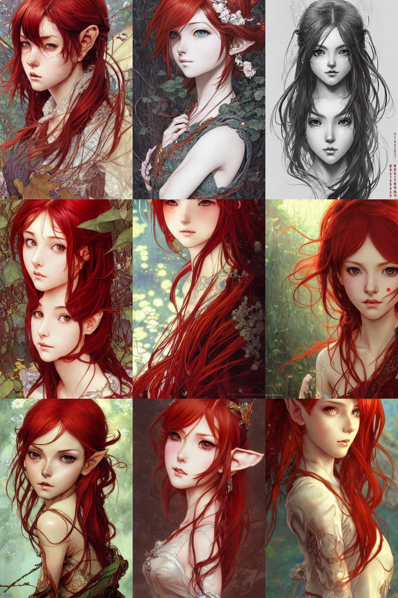 Prompt: alluring highly detailed manga line art portrait of attractive young elf girl with red hair, very detailed, realistic, by Stanley Artgerm Lau, greg rutkowski, thomas kindkade, alphonse mucha, loish, norman rockwell J.