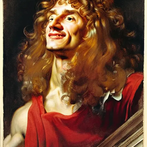 Image similar to beautiful portrait painting of He-Man with long curly blond hair, delicate young man wearing an open poet shirt smiling sleepily at the viewer, symmetrically parted curtain bangs, in love by Peter Paul Rubens and Norman Rockwell