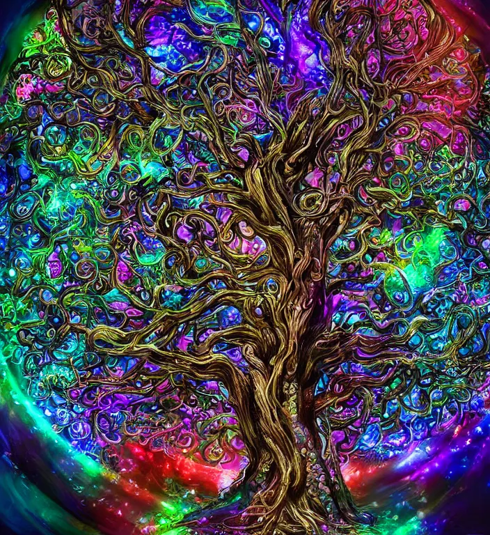 Prompt: stunning tree of life, award winning matte concept art, intricate linework, precious ornate hooded cybernetic emissive gothic colorful dark colorful, clear focus, iridescent baroque crystals, glowing, futuristic, detailed realistic, raytracing colorful gems, black opal, magical colorful, realistic character art, wlop, chebokha, rutkowski, artgerm