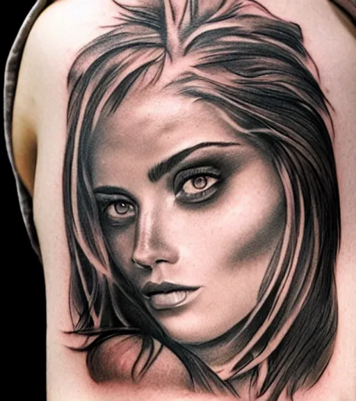 Prompt: tattoo design sketch of a beautiful woman face against a background of beautiful mountains and nature, hyper - realistic, in the style of den yakovlev, amazing detail, black and white