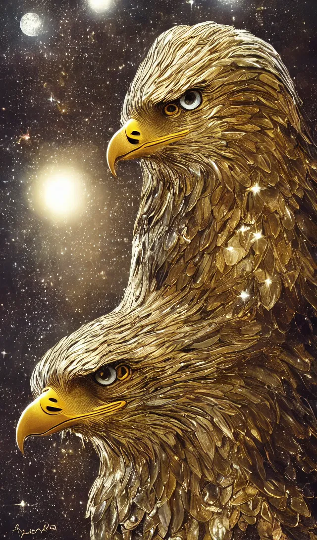 Prompt: best book cover design, glowing silver and golden elements, full close-up portrait of realistic eagle with sapphires, book cover, emerald gem forest, white diamond moon, establishing shot, extremely high detail, photo-realistic, cinematic lighting, by Yoshitaka Amano, Ruan Jia, Kentaro Miura, Artgerm, post processed, concept art, artstation, matte painting, style by eddie mendoza, raphael lacoste, alex ross