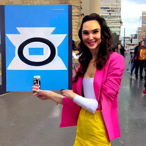 Image similar to Gal Gadot holding a sign that says M I T C H I as painted by Ralph Horsley