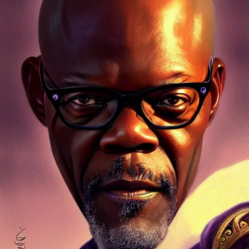 Image similar to Samuel L. Jackson as a fantasy magic man, portrait, sci-fi, amber eyes, face, fantasy, intricate, elegant, highly detailed, digital painting, artstation, concept art, smooth, sharp focus, illustration, art by artgerm and greg rutkowski and alphonse mucha