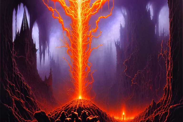 Prompt: darker shades of forgotten misery and despair by michael whelan and peter driben and quentin massys and hubert robert and greg staples and rudy nappi, beautiful, mythical, scaled robes, highly detailed, hyperrealistic, intricate, energy, orange electricity, blue flame, low light, purple crystals, high contrast, lifelike
