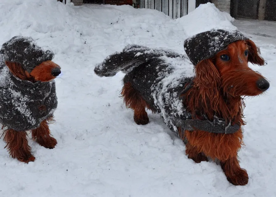 Image similar to Giant woolly dachshund, in the middle of a snow storm