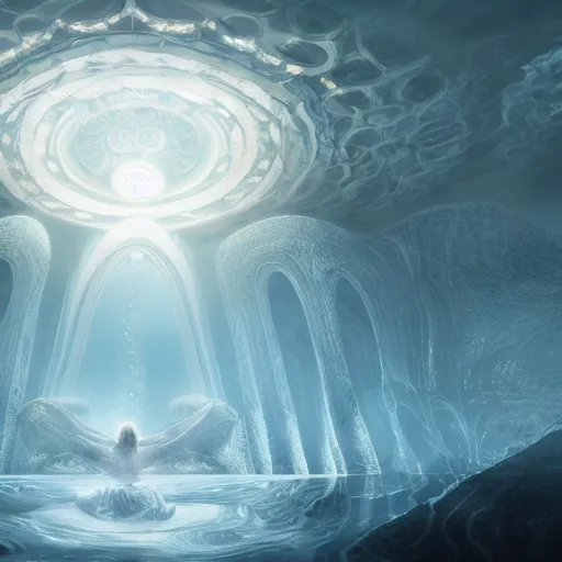 Image similar to white pool with intricate and surreal magic circles of white water within which float goddess of illusion, beautiful, magic doorway, mist, bioluminescence, dressed in intricate veils and jewels, epic environment, matte painting, diffused lighting, highly detailed cinematic, epic atmosphere, diffused lighting, highly detailed digital art, trending on artstation, depth of field, wide angle