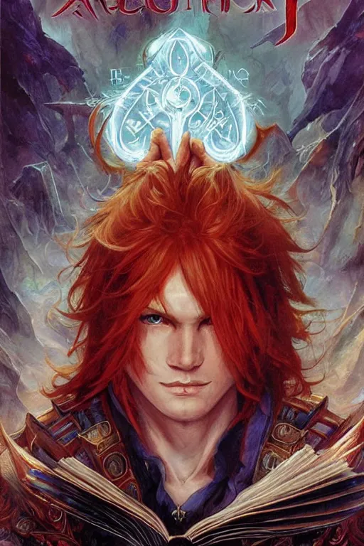 Prompt: young male redhead Spellcaster standing, holding a book with glowing runes on the cover, D&D dark fantasy style, sharp focus, ultra detailed, art by Artgerm and Peter Andrew Jones, Karol Bak, Ayami Kojima, Amano and Olivier Ledroit