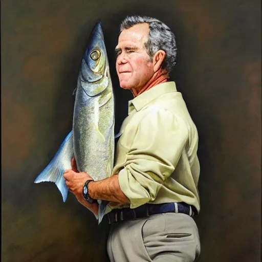 Prompt: ultra realistic portrait painting of a george bush holding a giant sardine, art by frank frazetta, 4 k, ultra realistic, highly detailed, epic lighting